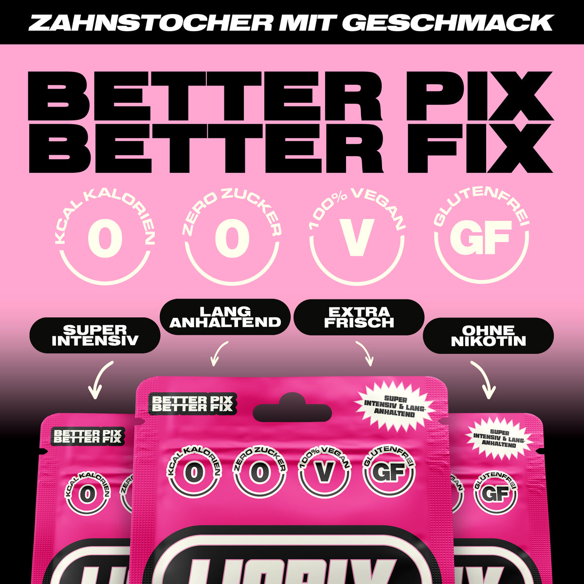 Eckdaten der LIQPIX Zahnstocher mit Geschmack