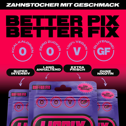 Eckdaten der LIQPIX Zahnstocher mit Geschmack